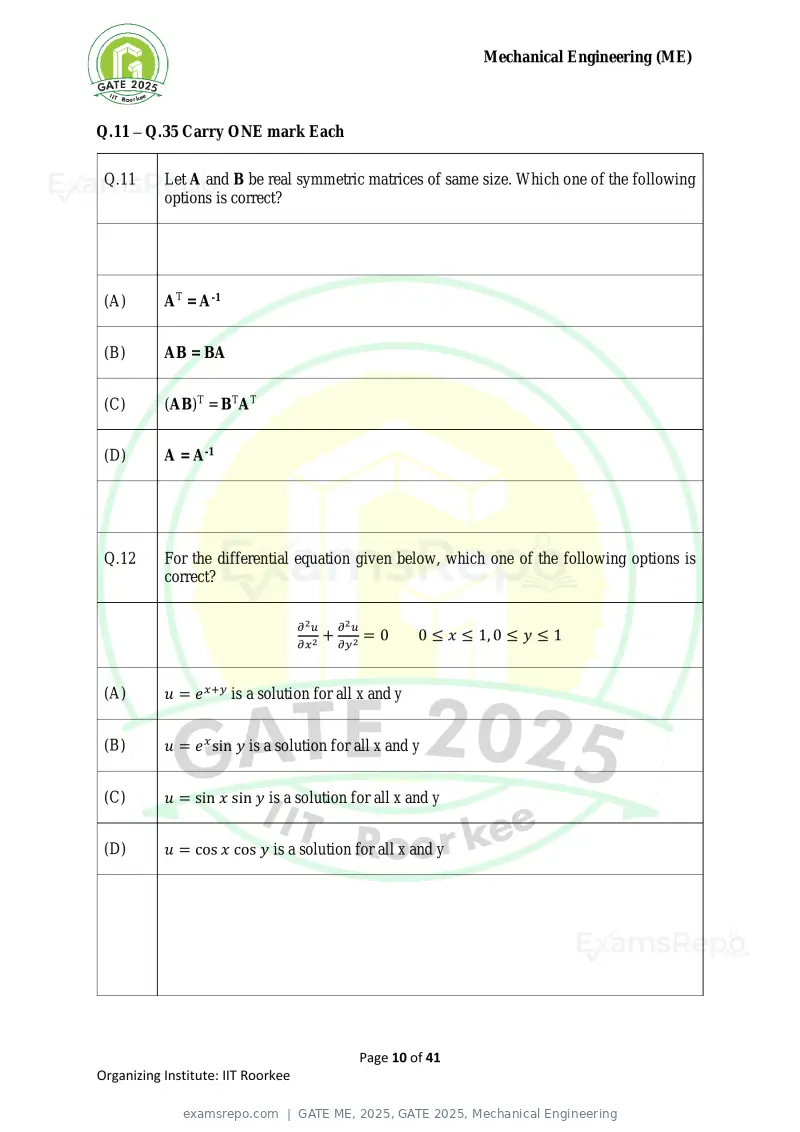 GATE ME 2025 question paper, GATE 2025, Mechanical Engineering, page 10 of 41