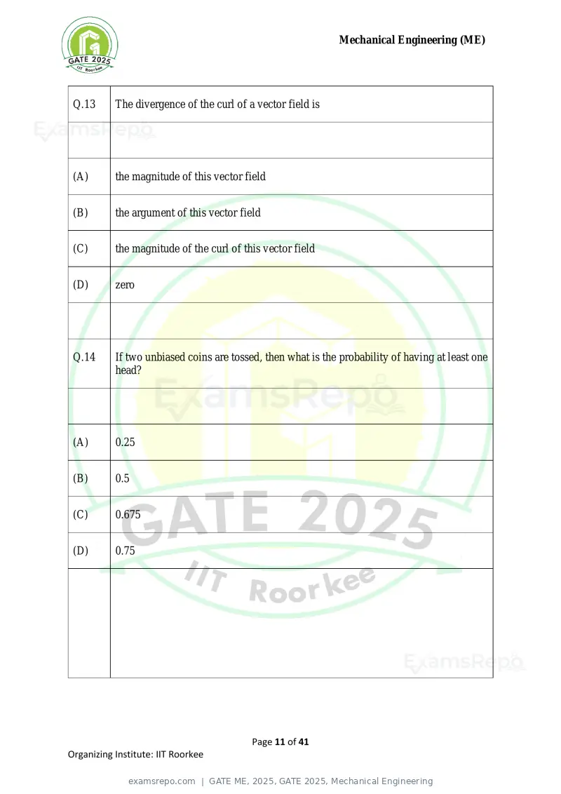 GATE ME 2025 question paper, GATE 2025, Mechanical Engineering, page 11 of 41