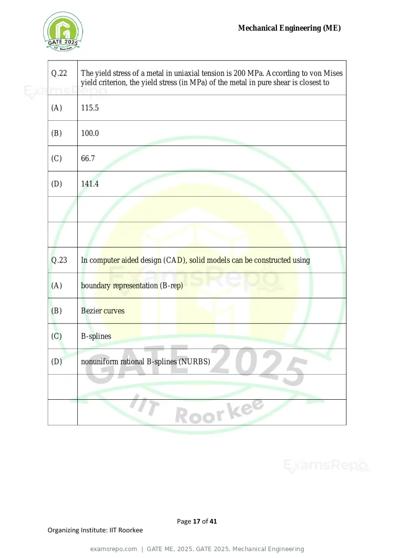 GATE ME 2025 question paper, GATE 2025, Mechanical Engineering, page 17 of 41