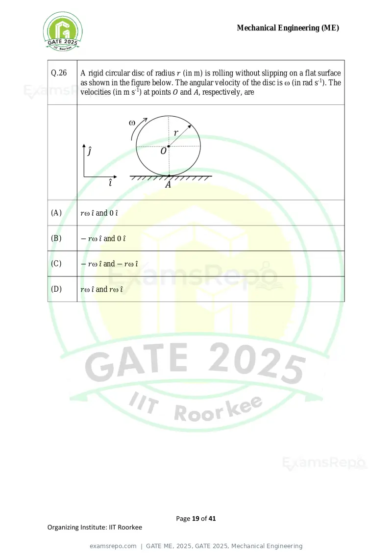GATE ME 2025 question paper, GATE 2025, Mechanical Engineering, page 19 of 41