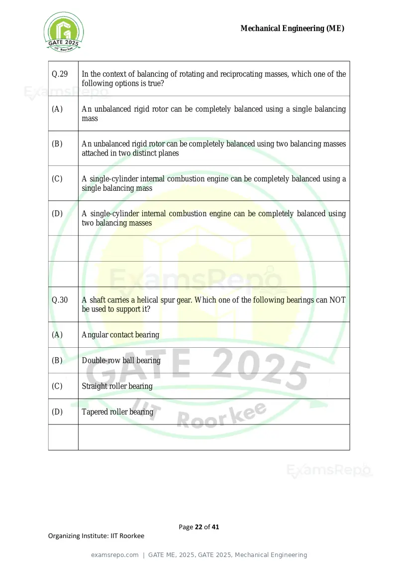 GATE ME 2025 question paper, GATE 2025, Mechanical Engineering, page 22 of 41