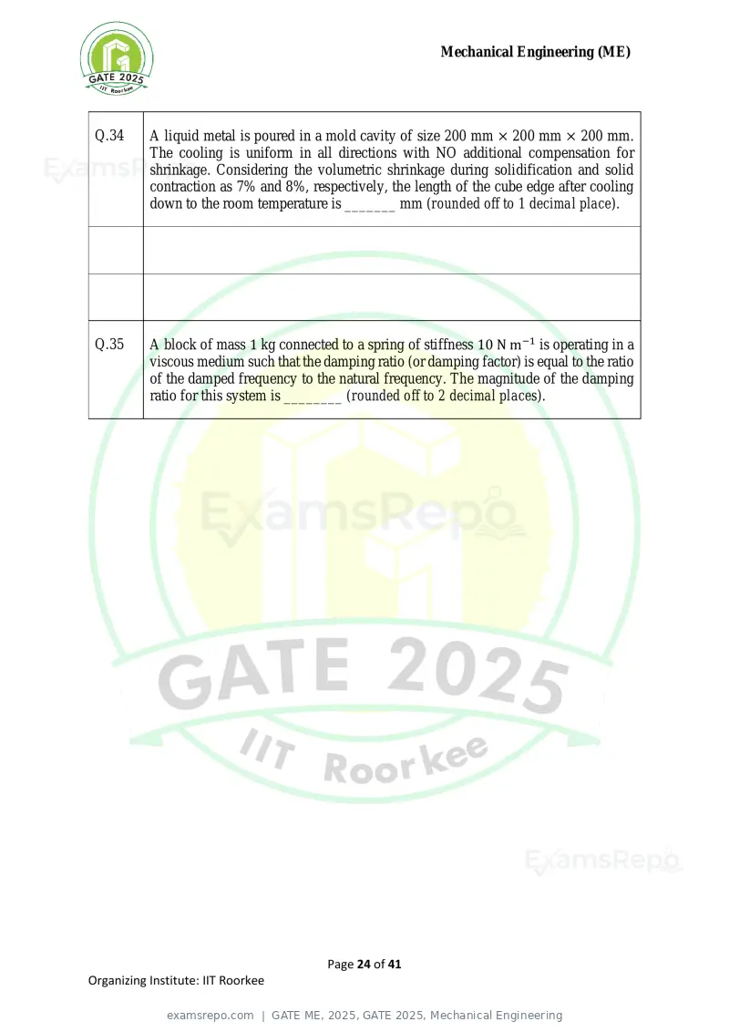 GATE ME 2025 question paper, GATE 2025, Mechanical Engineering, page 24 of 41