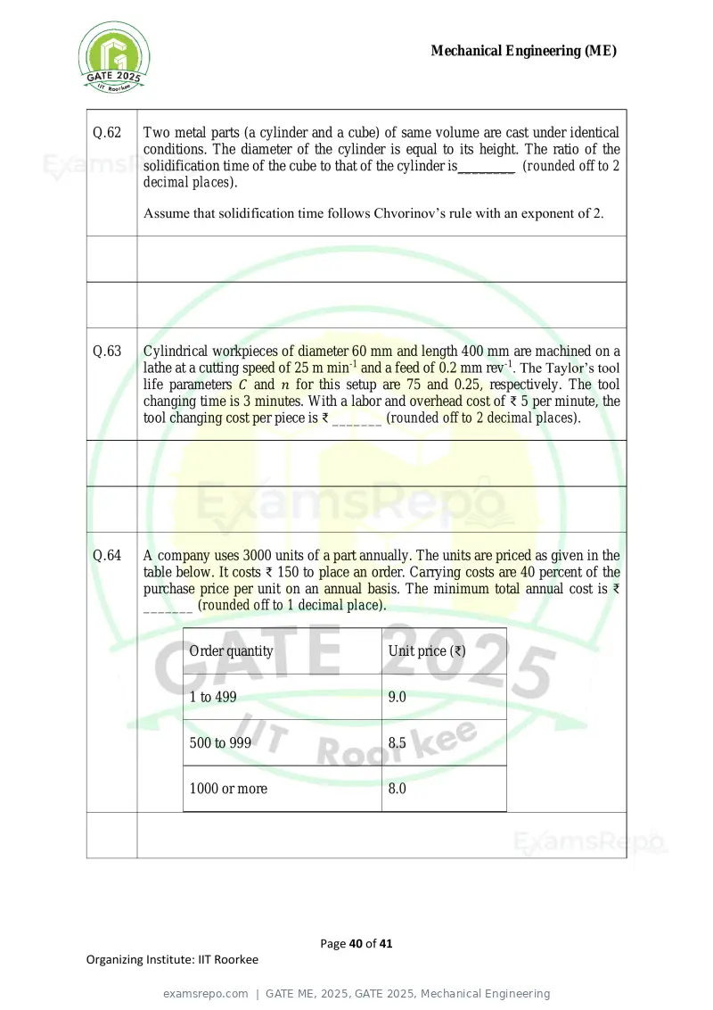 GATE ME 2025 question paper, GATE 2025, Mechanical Engineering, page 40 of 41