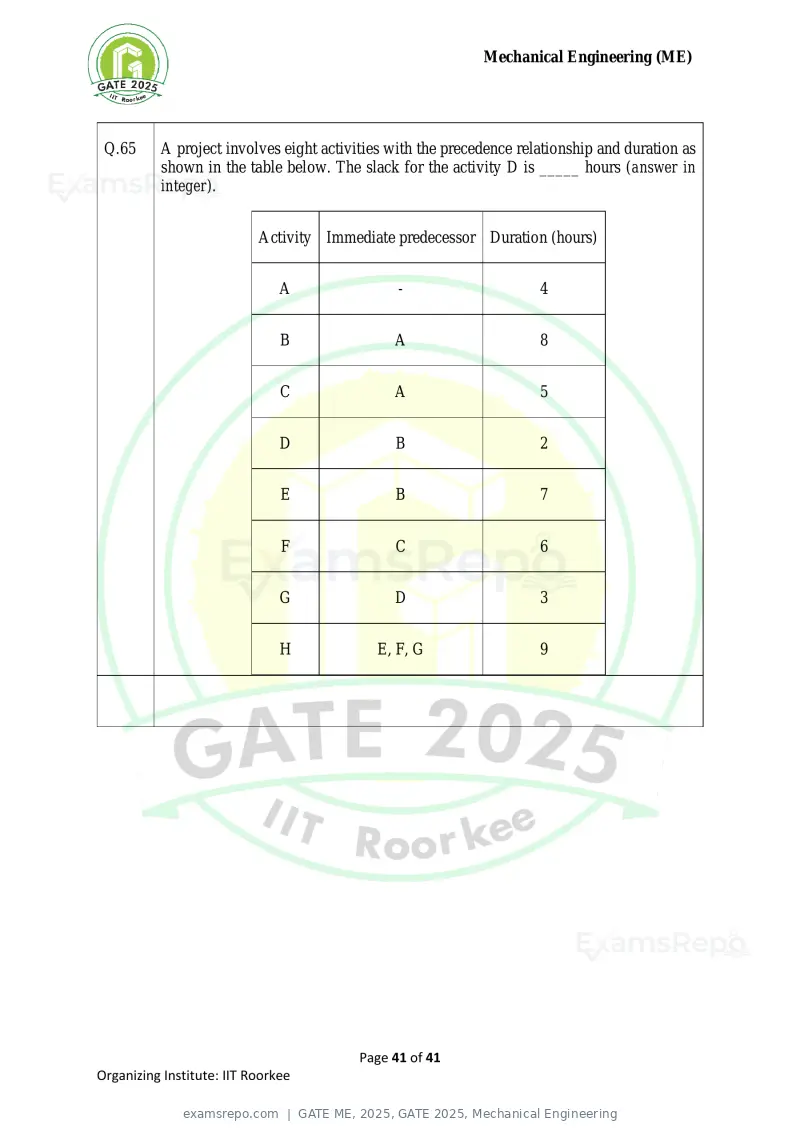 GATE ME 2025 question paper, GATE 2025, Mechanical Engineering, page 41 of 41