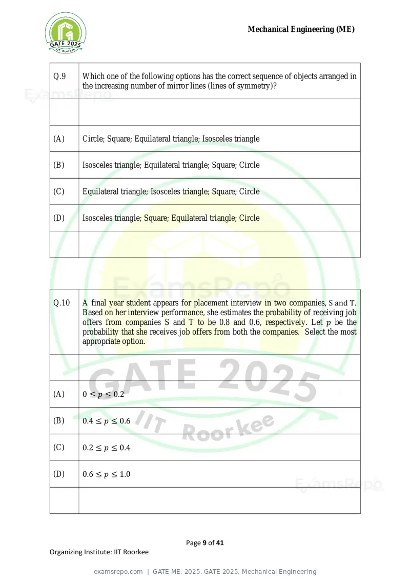 GATE ME 2025 question paper, GATE 2025, Mechanical Engineering, page 9 of 41