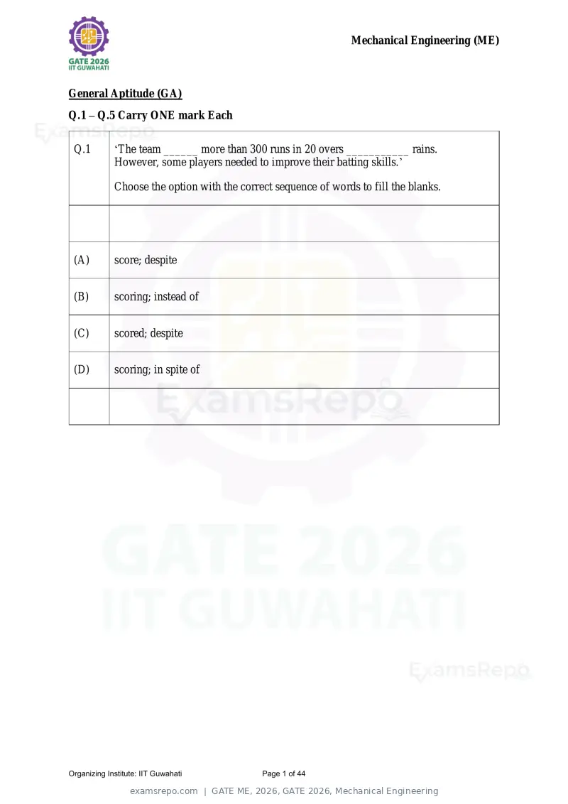 GATE ME 2026 question paper, GATE 2026, Mechanical Engineering, page 1 of 44
