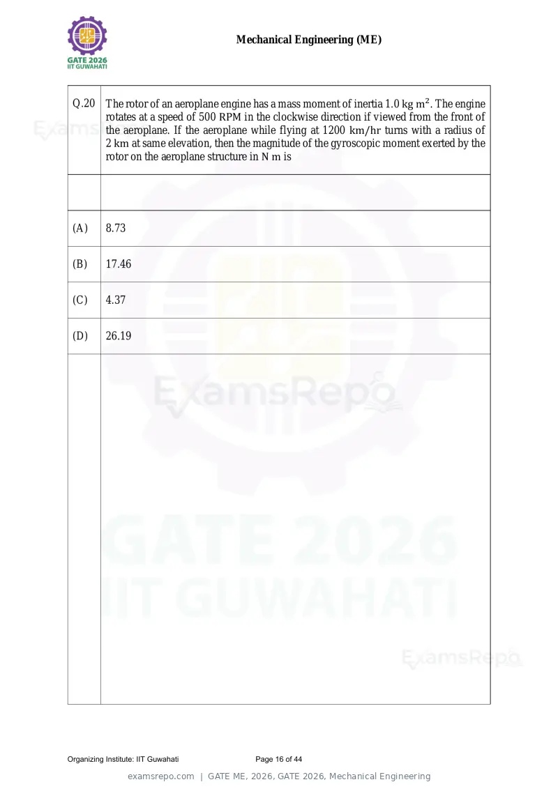 GATE ME 2026 question paper, GATE 2026, Mechanical Engineering, page 16 of 44