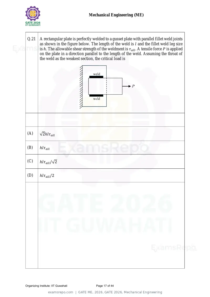 GATE ME 2026 question paper, GATE 2026, Mechanical Engineering, page 17 of 44