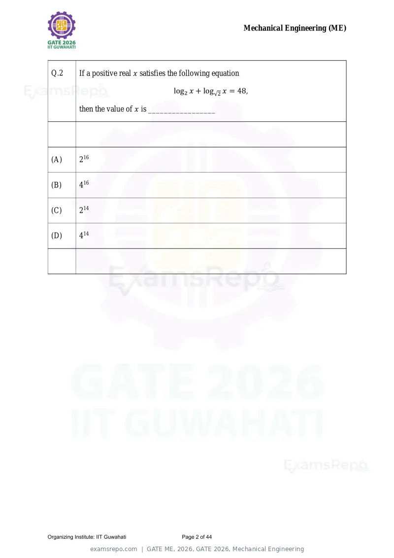 GATE ME 2026 question paper, GATE 2026, Mechanical Engineering, page 2 of 44