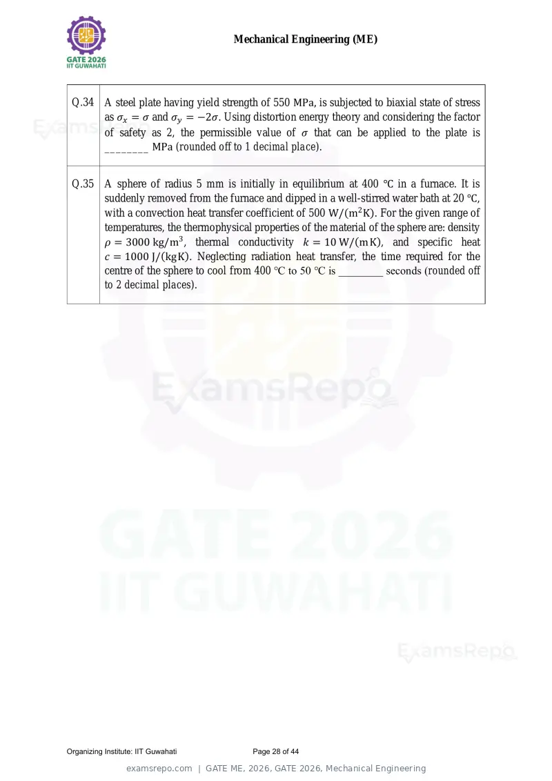GATE ME 2026 question paper, GATE 2026, Mechanical Engineering, page 28 of 44