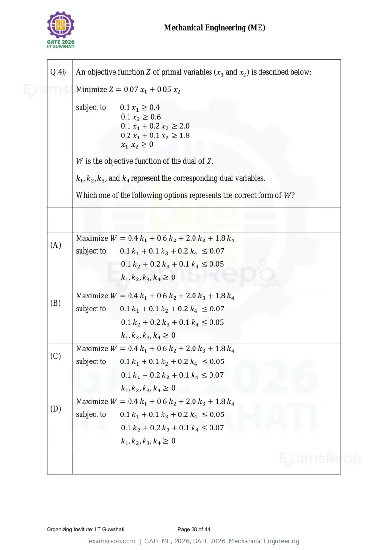 GATE ME 2026 question paper, GATE 2026, Mechanical Engineering, page 38 of 44