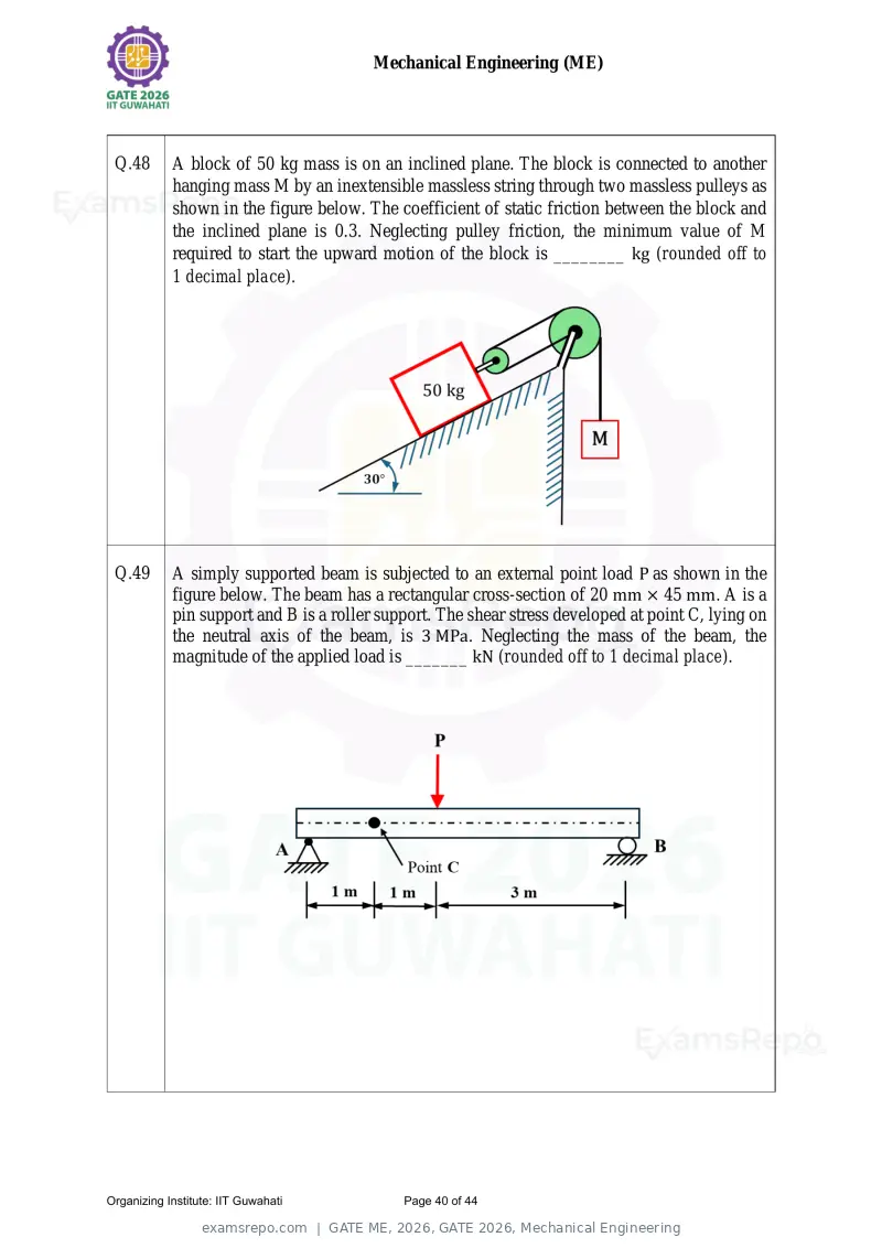 GATE ME 2026 question paper, GATE 2026, Mechanical Engineering, page 40 of 44