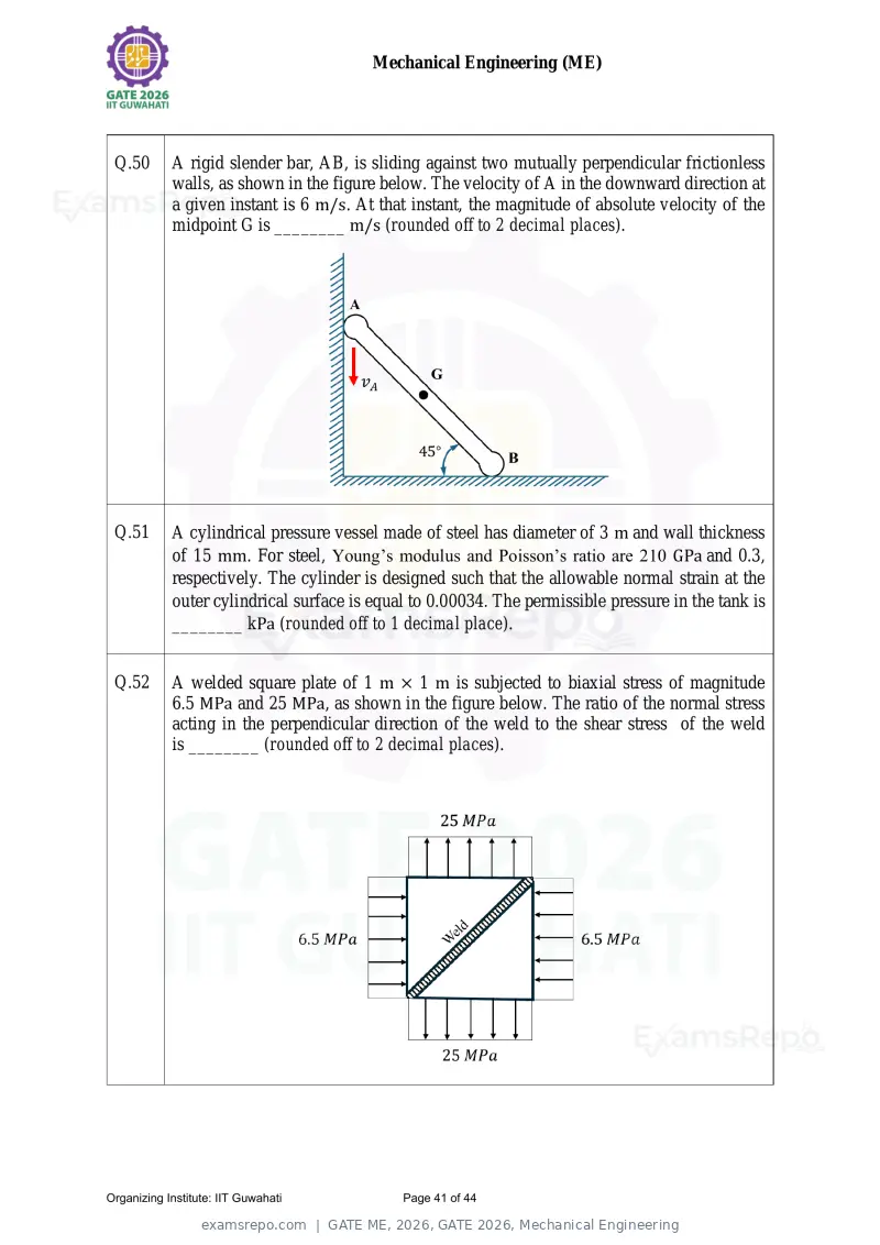 GATE ME 2026 question paper, GATE 2026, Mechanical Engineering, page 41 of 44