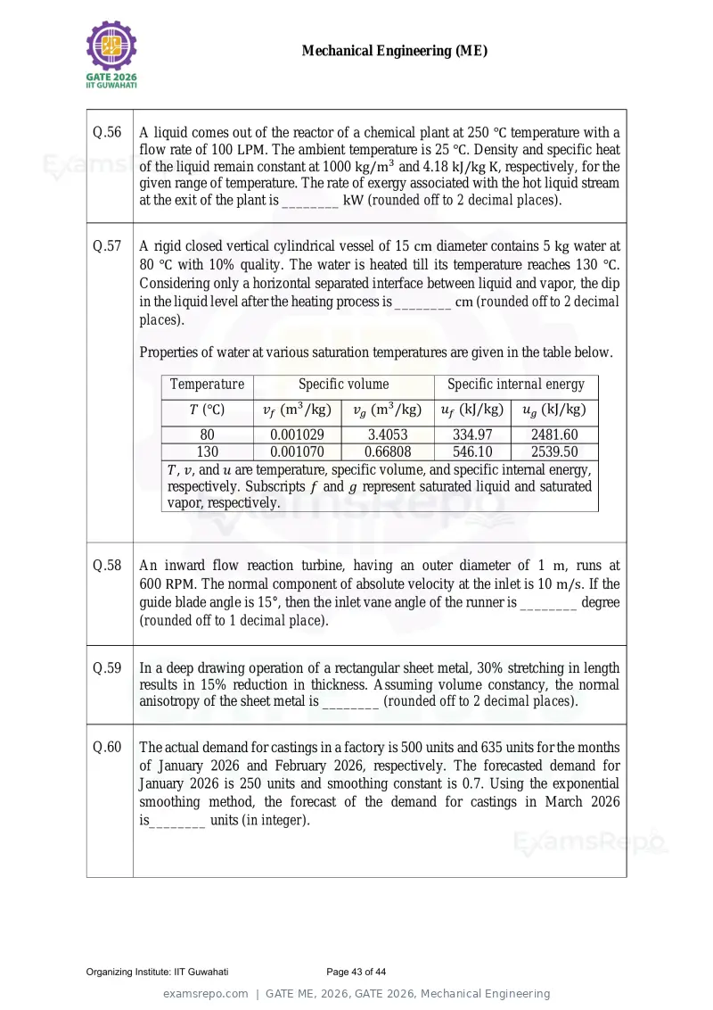 GATE ME 2026 question paper, GATE 2026, Mechanical Engineering, page 43 of 44