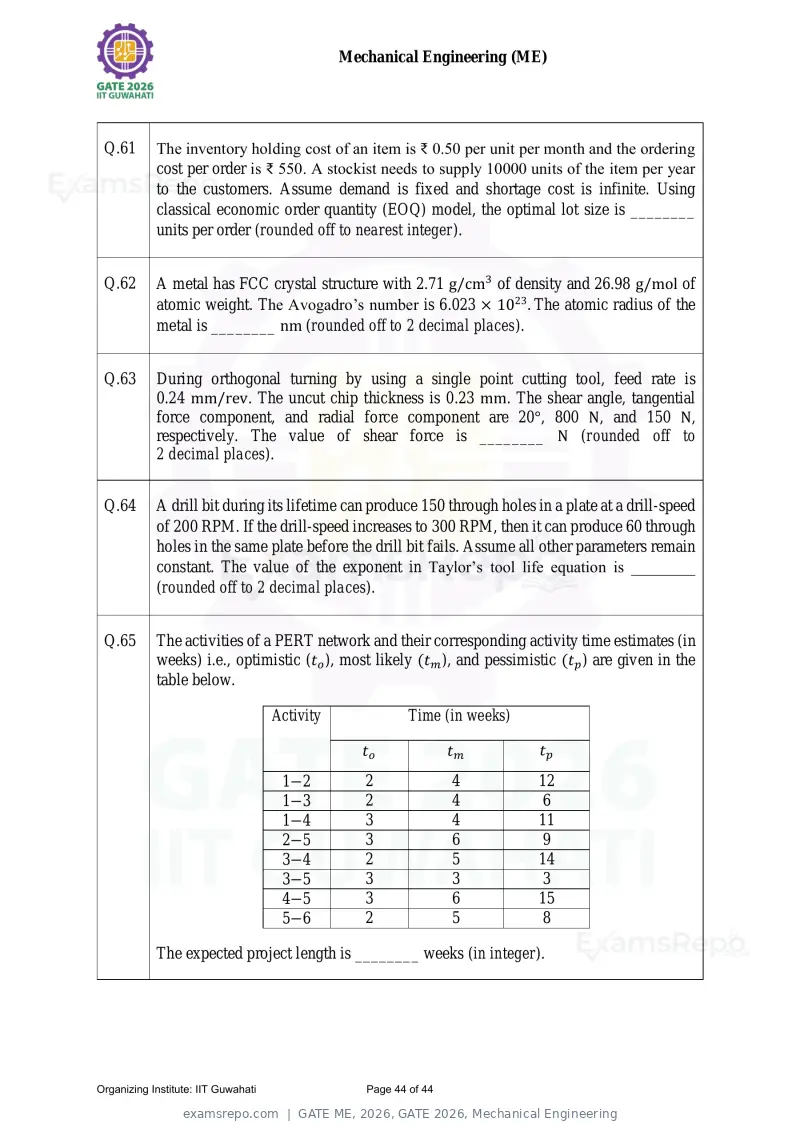 GATE ME 2026 question paper, GATE 2026, Mechanical Engineering, page 44 of 44