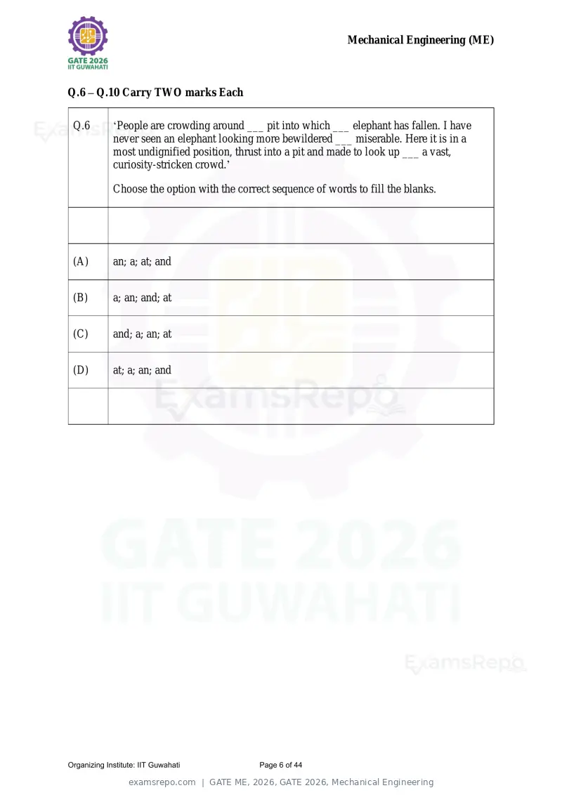 GATE ME 2026 question paper, GATE 2026, Mechanical Engineering, page 6 of 44