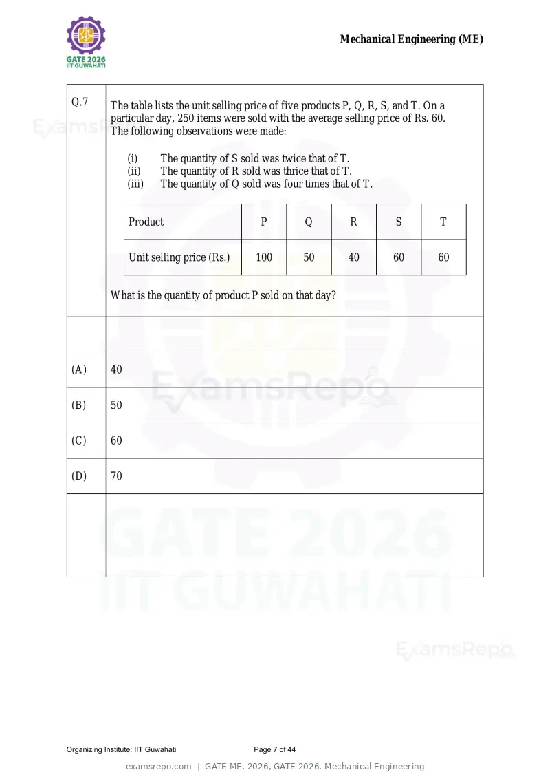 GATE ME 2026 question paper, GATE 2026, Mechanical Engineering, page 7 of 44