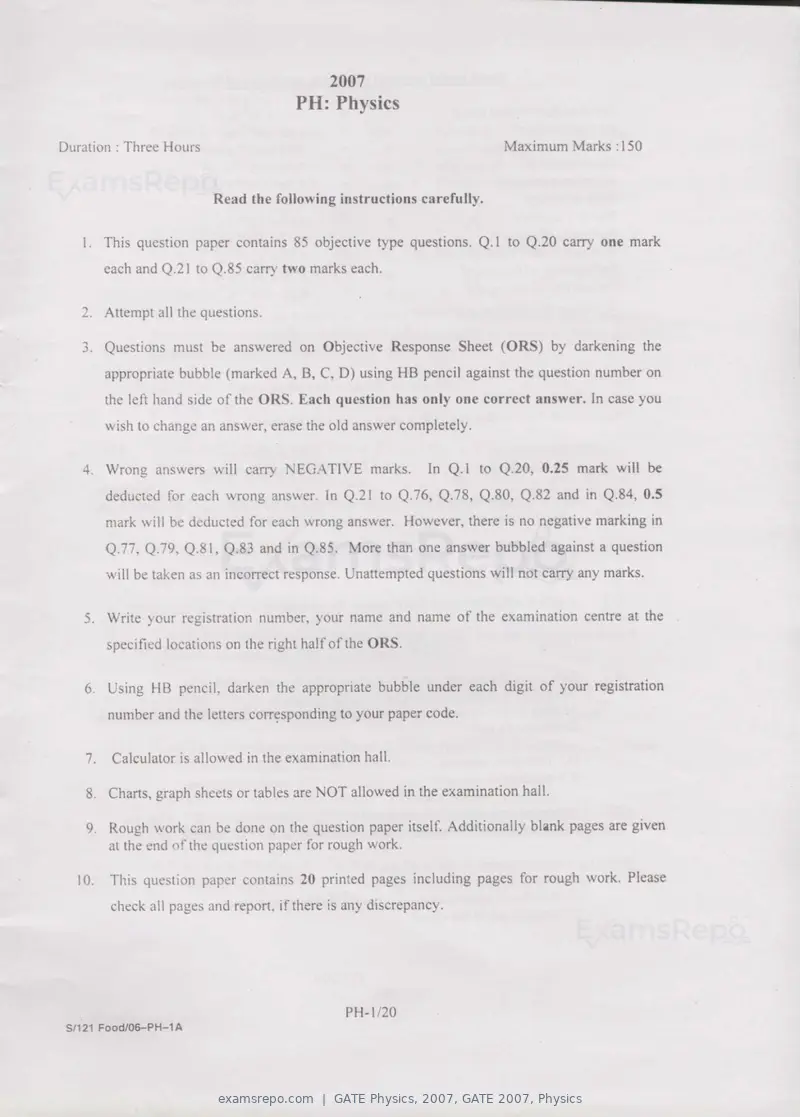 GATE Physics 2007 question paper, GATE 2007, Physics, page 1 of 17