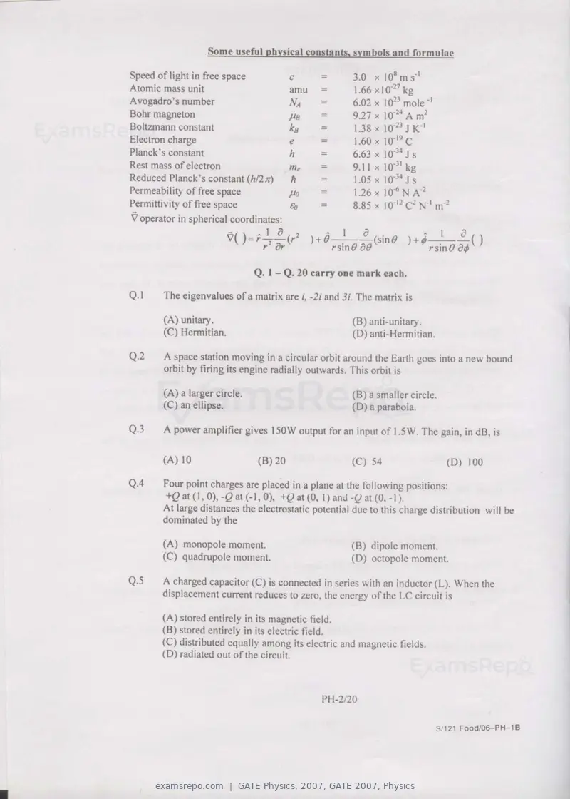 GATE Physics 2007 question paper, GATE 2007, Physics, page 2 of 17
