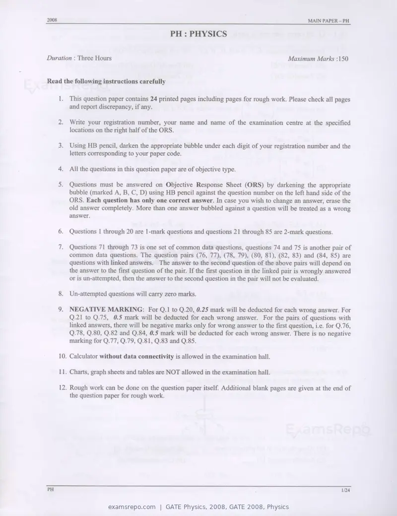 GATE Physics 2008 question paper, GATE 2008, Physics, page 1 of 20
