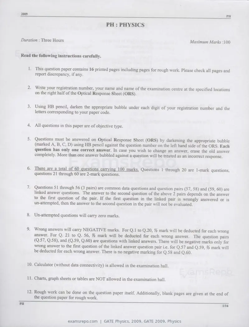 GATE Physics 2009 question paper, GATE 2009, Physics, page 1 of 14