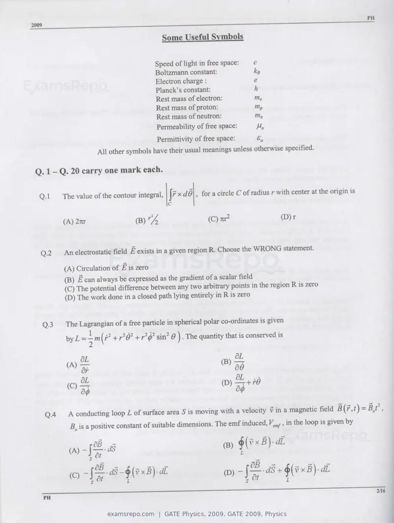 GATE Physics 2009 question paper, GATE 2009, Physics, page 2 of 14