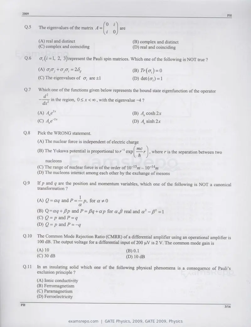 GATE Physics 2009 question paper, GATE 2009, Physics, page 3 of 14