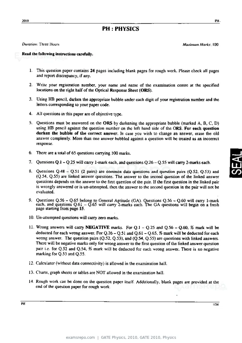 GATE Physics 2010 question paper, GATE 2010, Physics, page 1 of 24