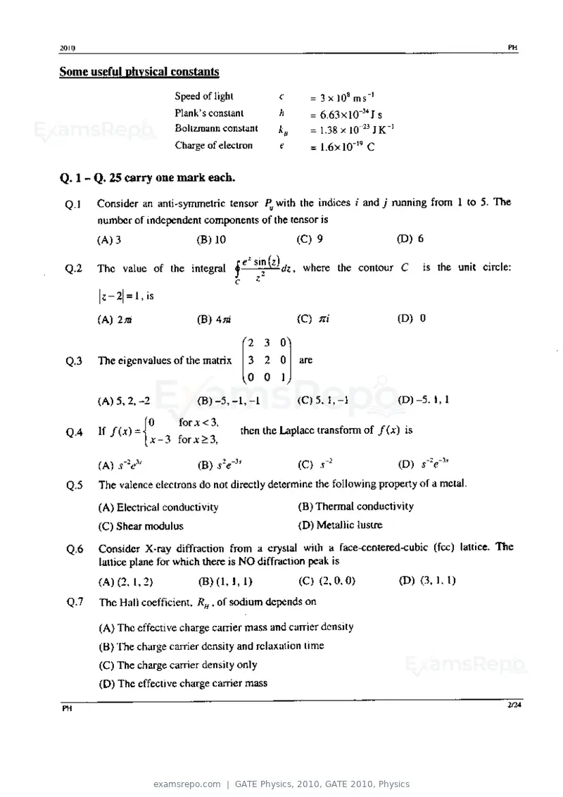 GATE Physics 2010 question paper, GATE 2010, Physics, page 2 of 24