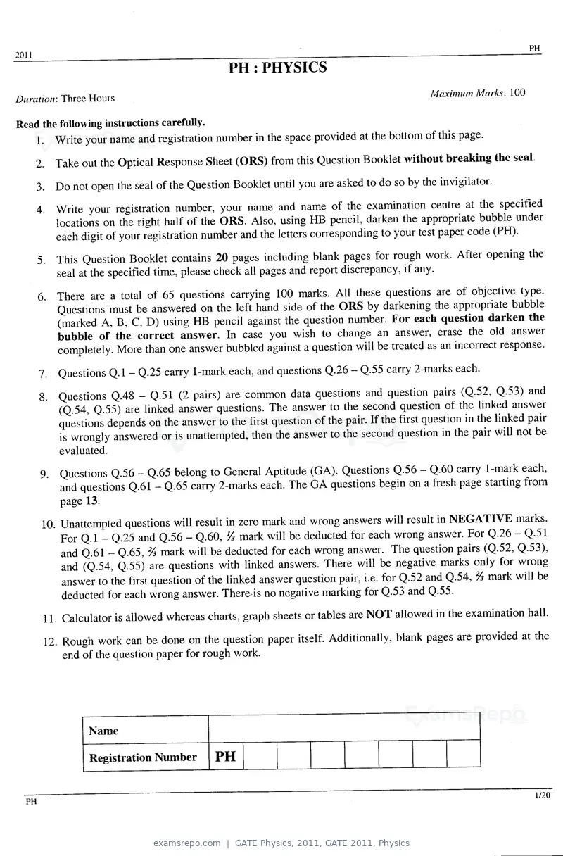 GATE Physics 2011 question paper, GATE 2011, Physics, page 1 of 14