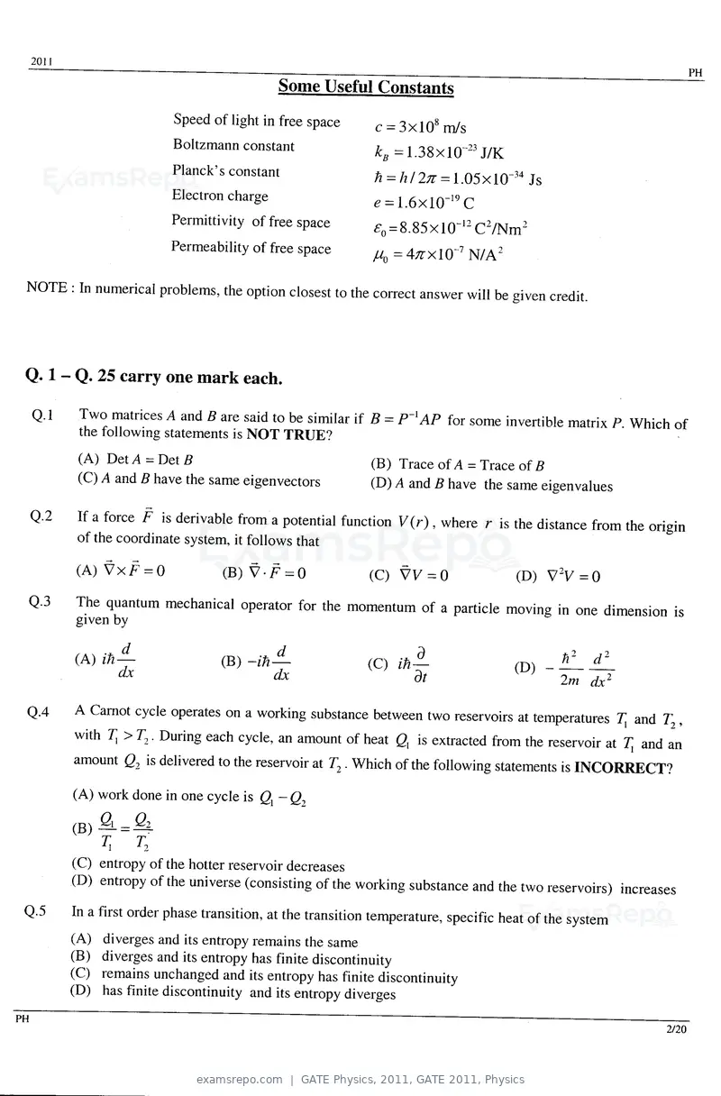 GATE Physics 2011 question paper, GATE 2011, Physics, page 2 of 14