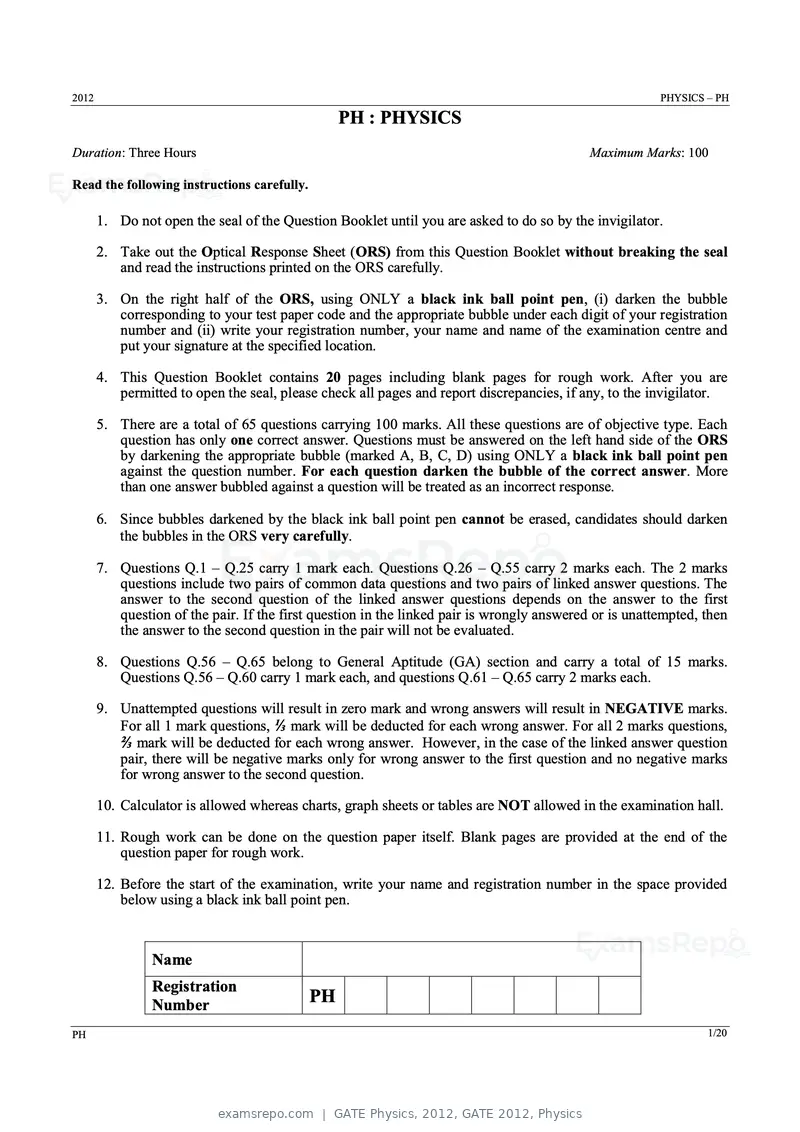 GATE Physics 2012 question paper, GATE 2012, Physics, page 1 of 16
