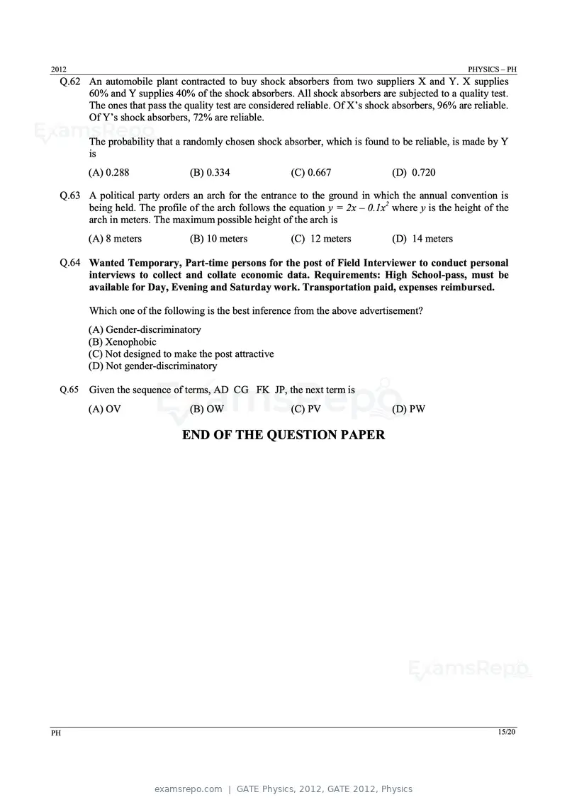 GATE Physics 2012 question paper, GATE 2012, Physics, page 15 of 16