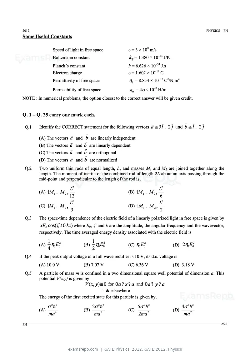 GATE Physics 2012 question paper, GATE 2012, Physics, page 2 of 16