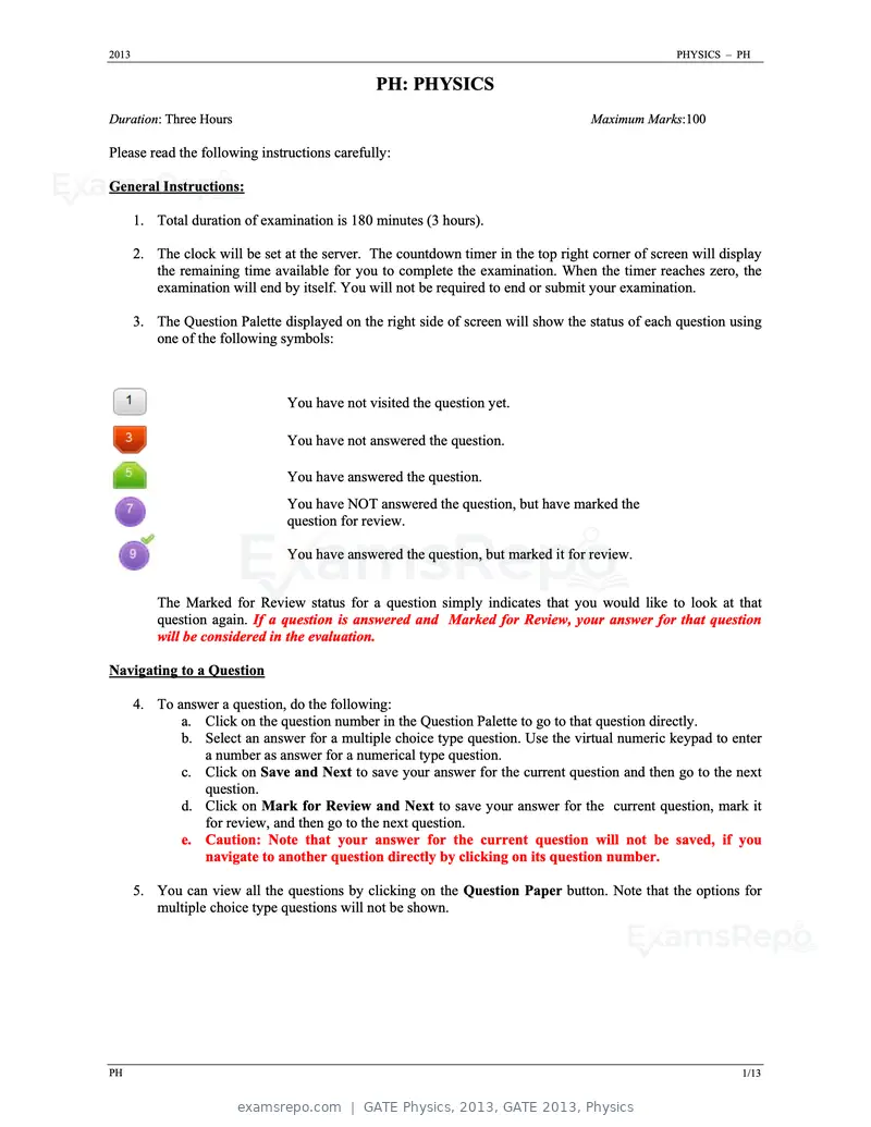 GATE Physics 2013 question paper, GATE 2013, Physics, page 1 of 13