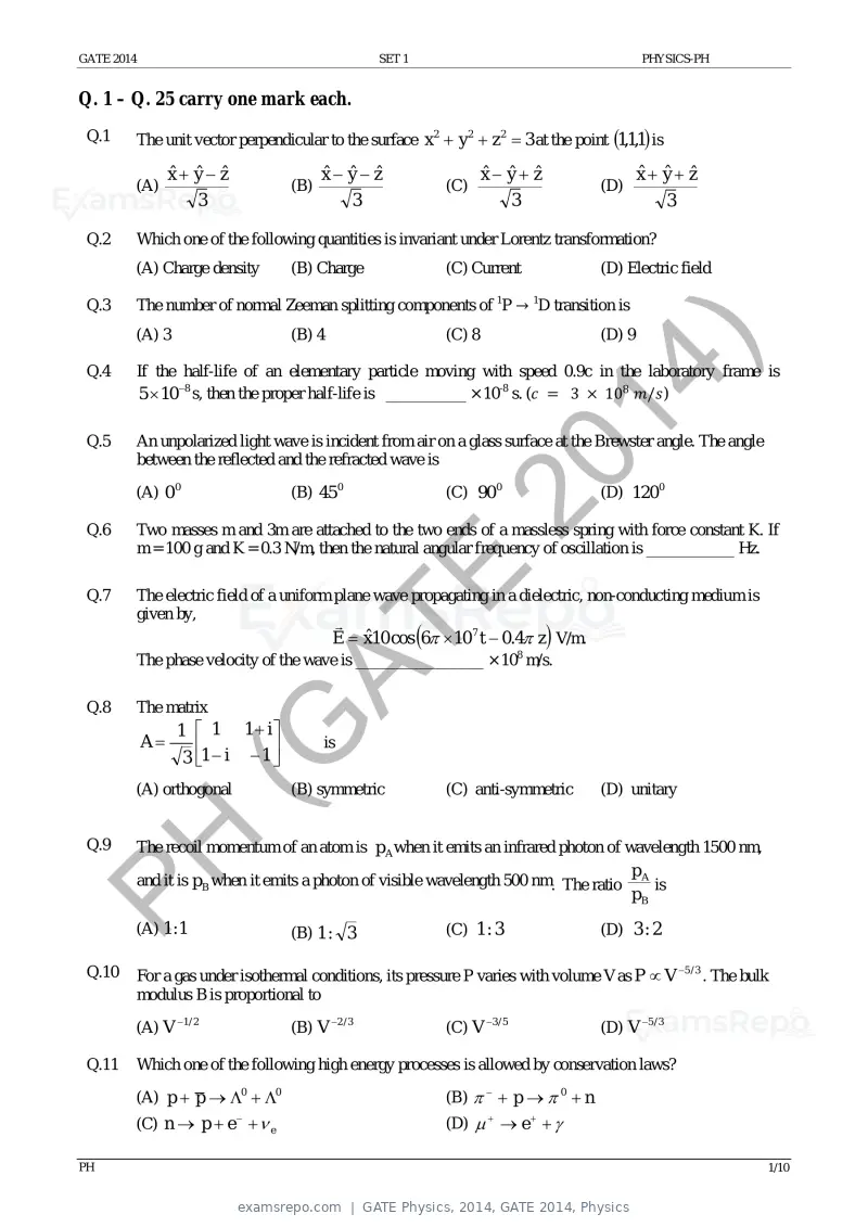GATE Physics 2014 question paper, GATE 2014, Physics, page 8 of 18