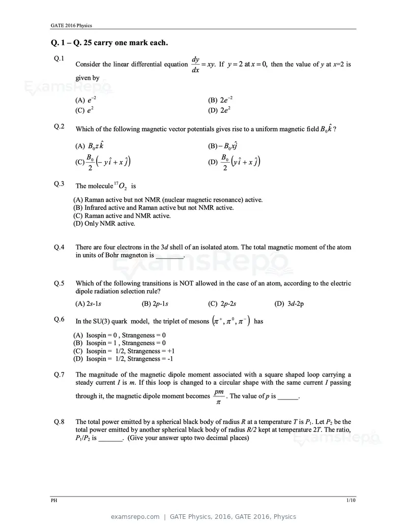 GATE Physics 2016 question paper, GATE 2016, Physics, page 4 of 15