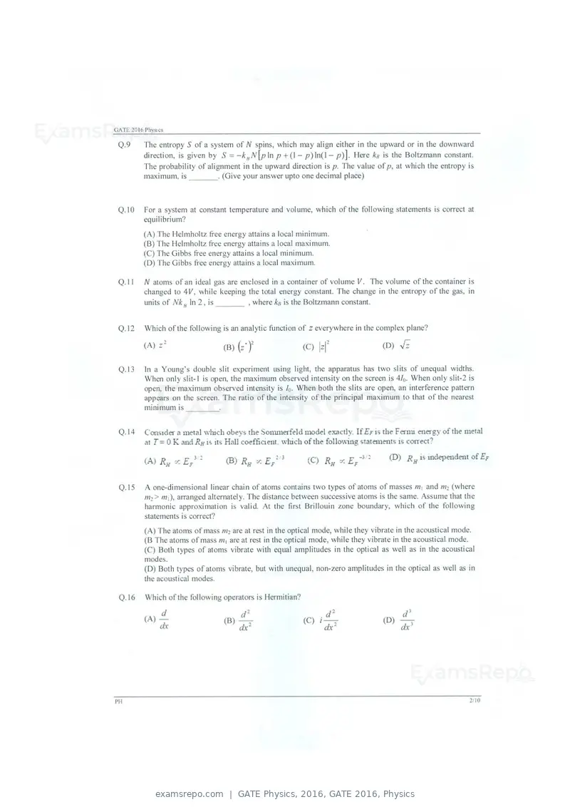 GATE Physics 2016 question paper, GATE 2016, Physics, page 5 of 15