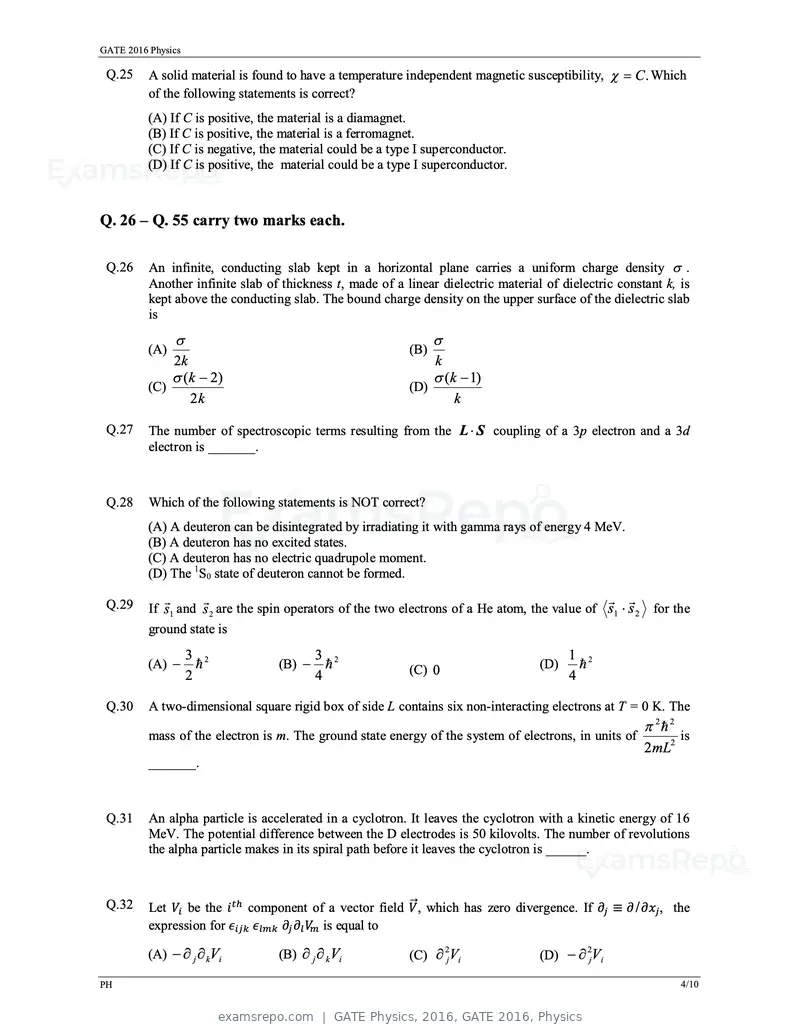 GATE Physics 2016 question paper, GATE 2016, Physics, page 7 of 15