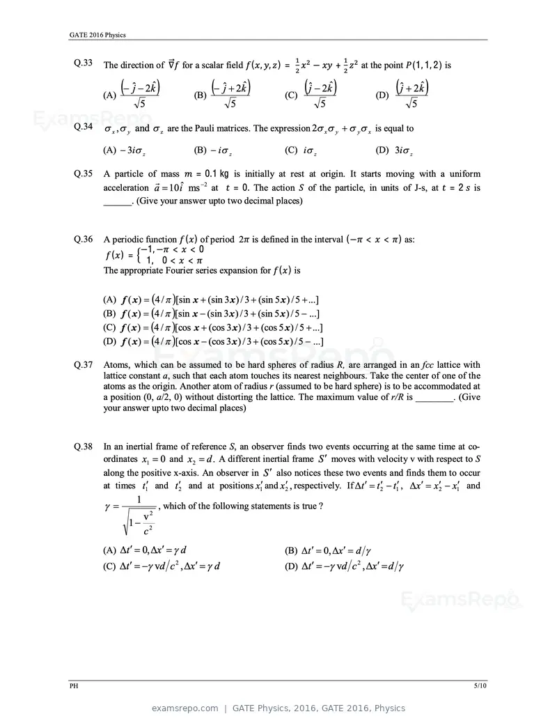 GATE Physics 2016 question paper, GATE 2016, Physics, page 8 of 15