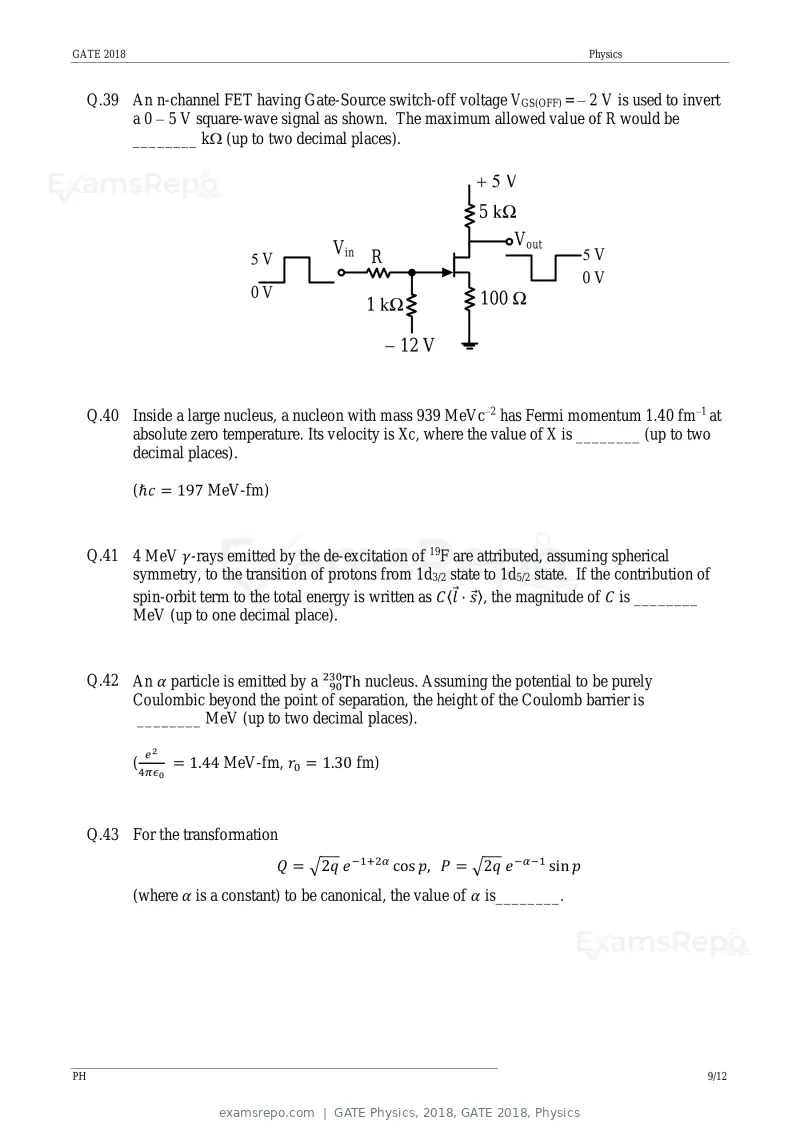 GATE Physics 2018 question paper, GATE 2018, Physics, page 11 of 17