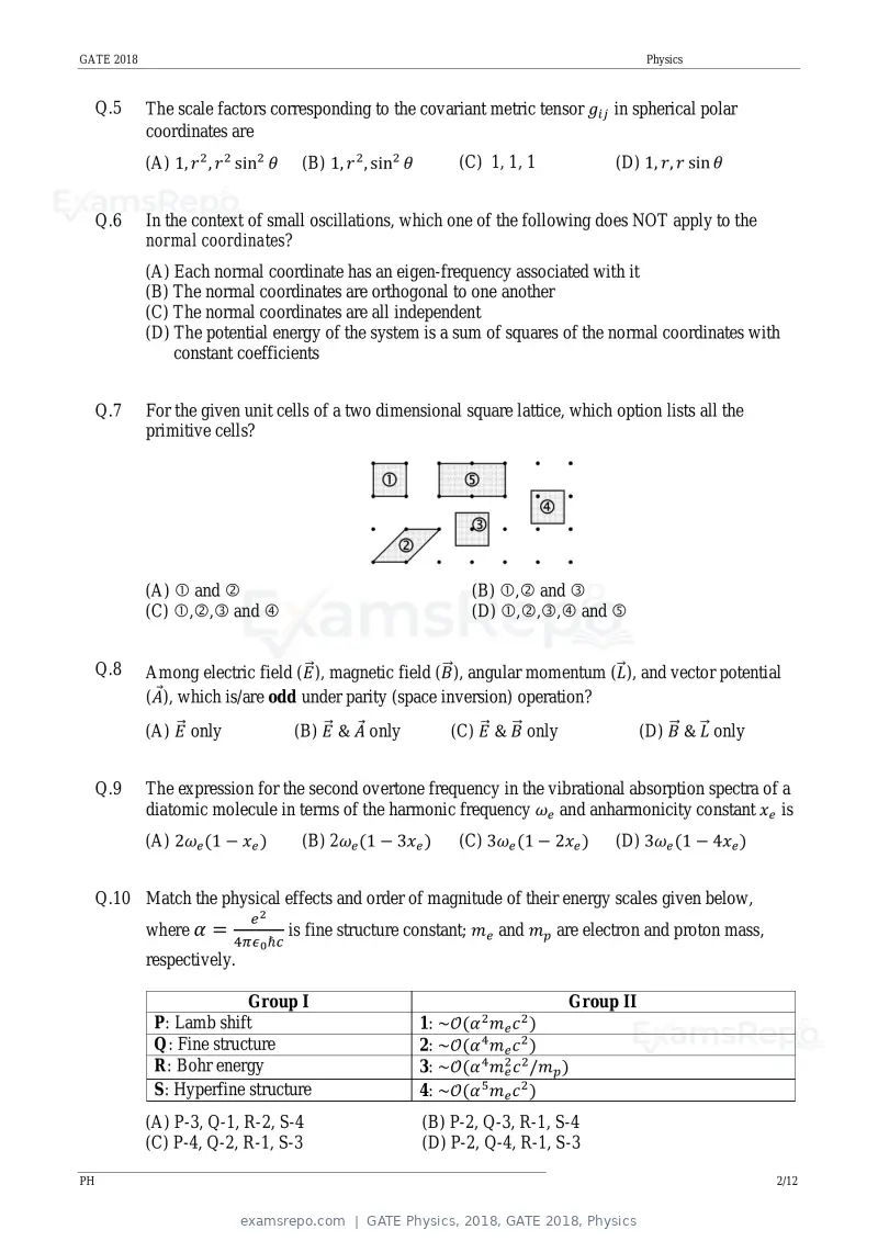 GATE Physics 2018 question paper, GATE 2018, Physics, page 4 of 17