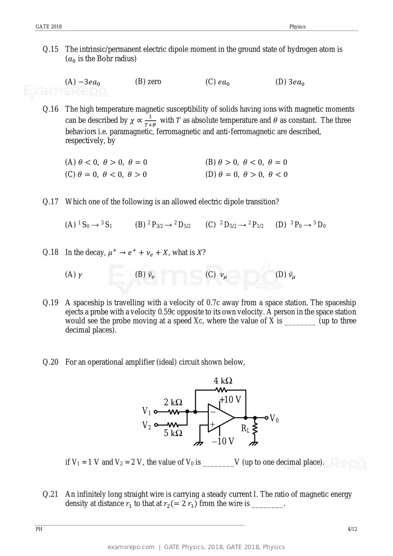 GATE Physics 2018 question paper, GATE 2018, Physics, page 6 of 17