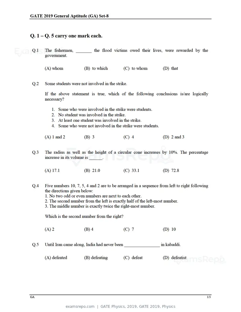 GATE Physics 2019 question paper, GATE 2019, Physics, page 1 of 21