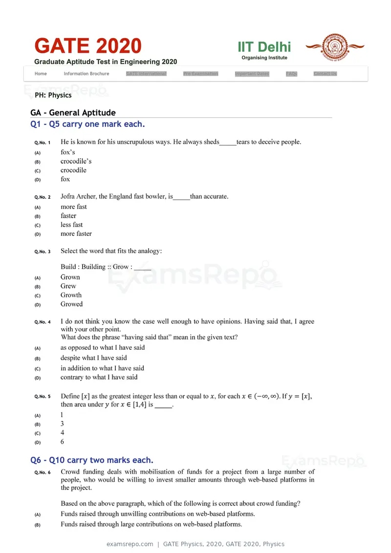 GATE Physics 2020 question paper, GATE 2020, Physics, page 1 of 17