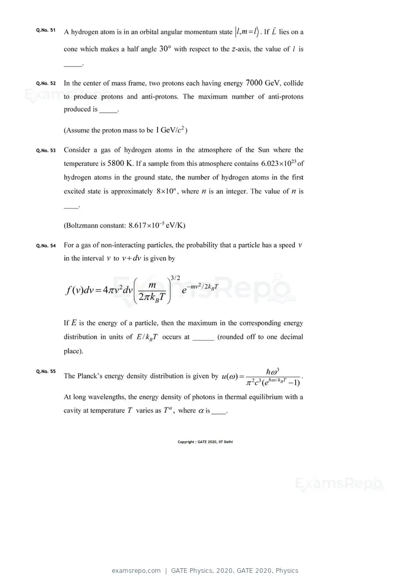GATE Physics 2020 question paper, GATE 2020, Physics, page 15 of 17