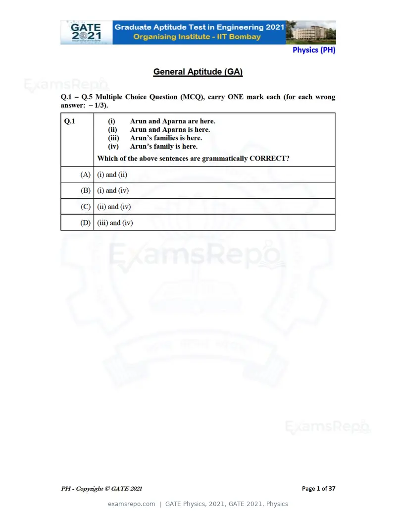 GATE Physics 2021 question paper, GATE 2021, Physics, page 1 of 40