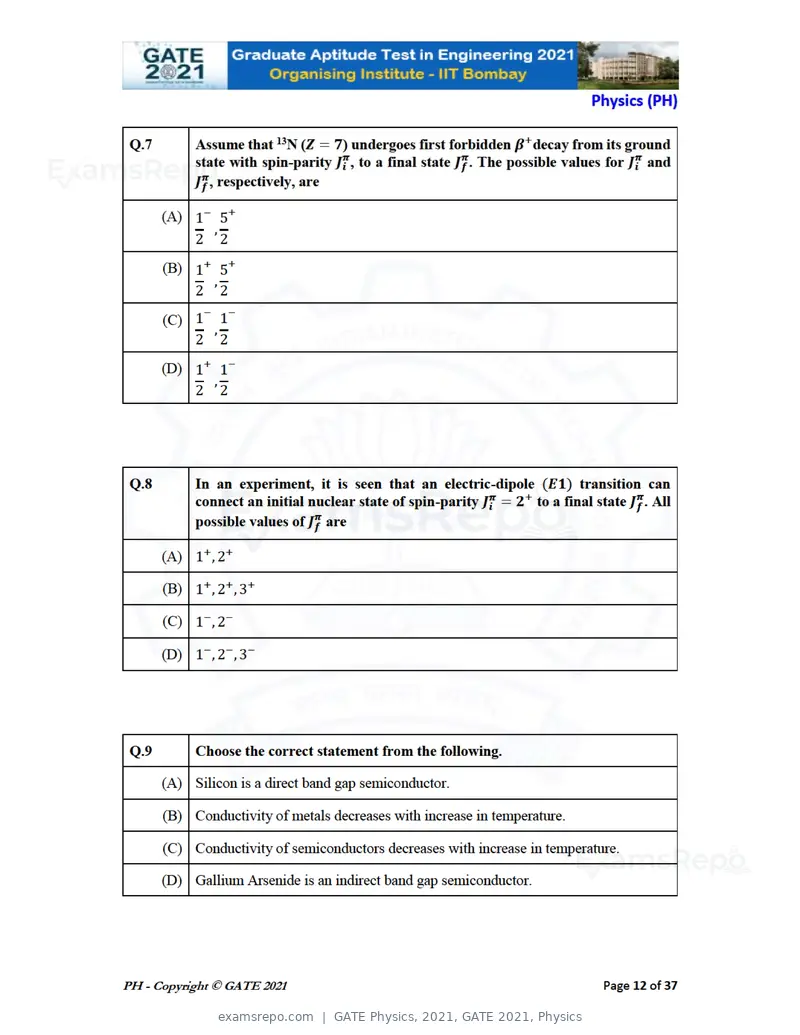 GATE Physics 2021 question paper, GATE 2021, Physics, page 12 of 40
