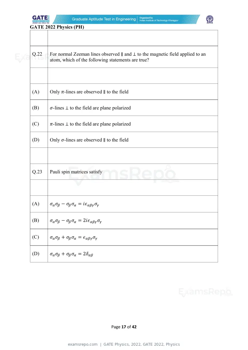 GATE Physics 2022 question paper, GATE 2022, Physics, page 17 of 44