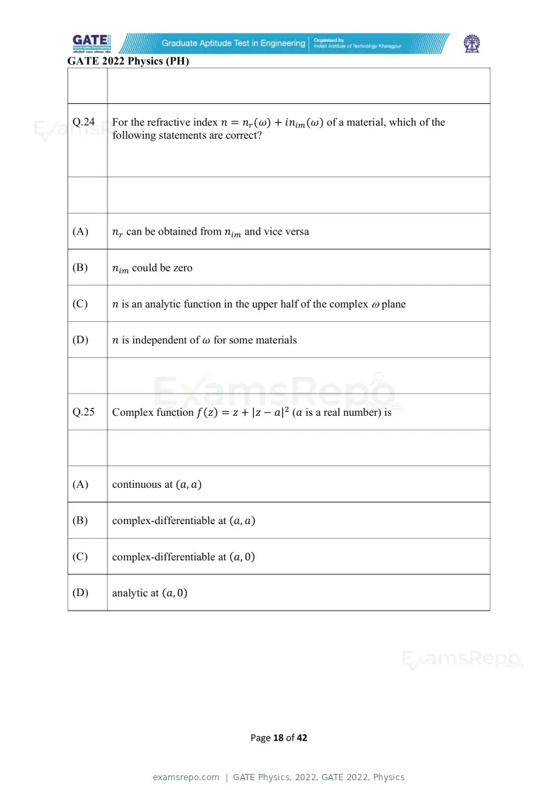 GATE Physics 2022 question paper, GATE 2022, Physics, page 18 of 44